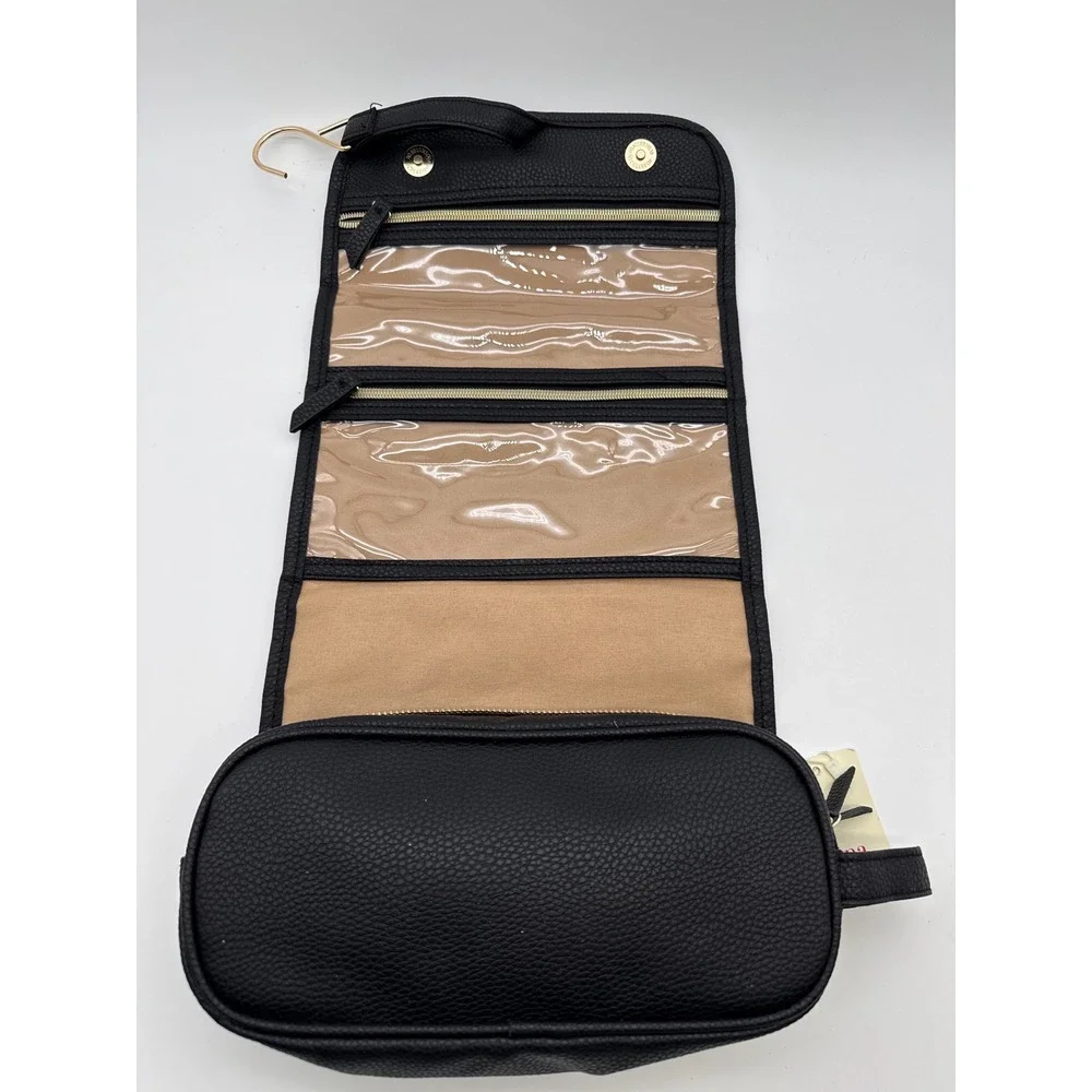 Trina Turk‎ Hanging Toiletry Bag Black Pebbled Faux Leather Travel Organizer New